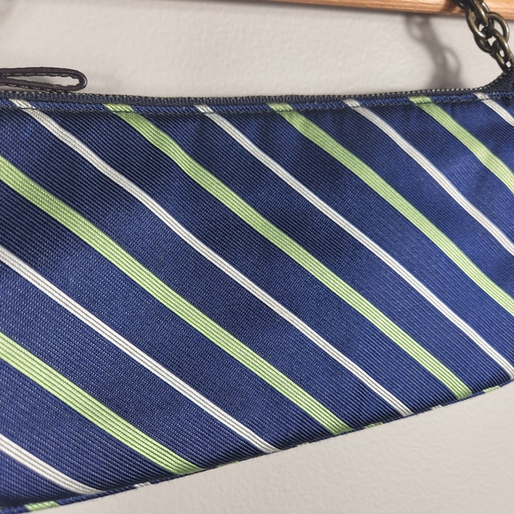 J. Crew 100% Silk Shoulder Bag Blue With Green And White Stripe Purse - Picture 2 of 8